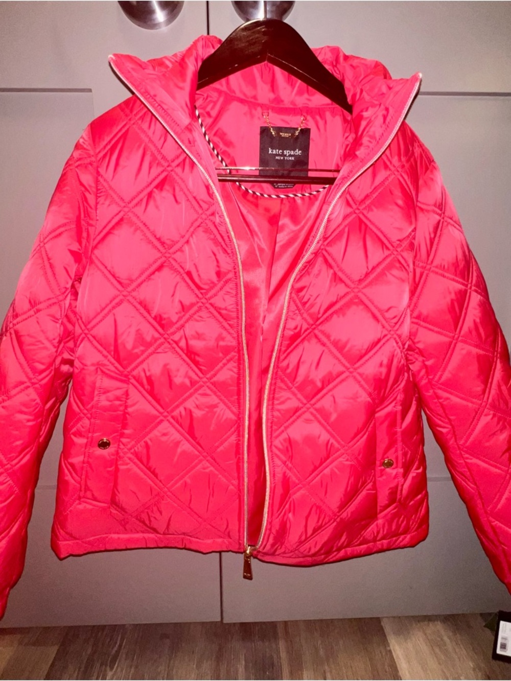 kate spade Quilted Bright Red Diamond Puffer Jacket with Hood - Picture 3 of 8
